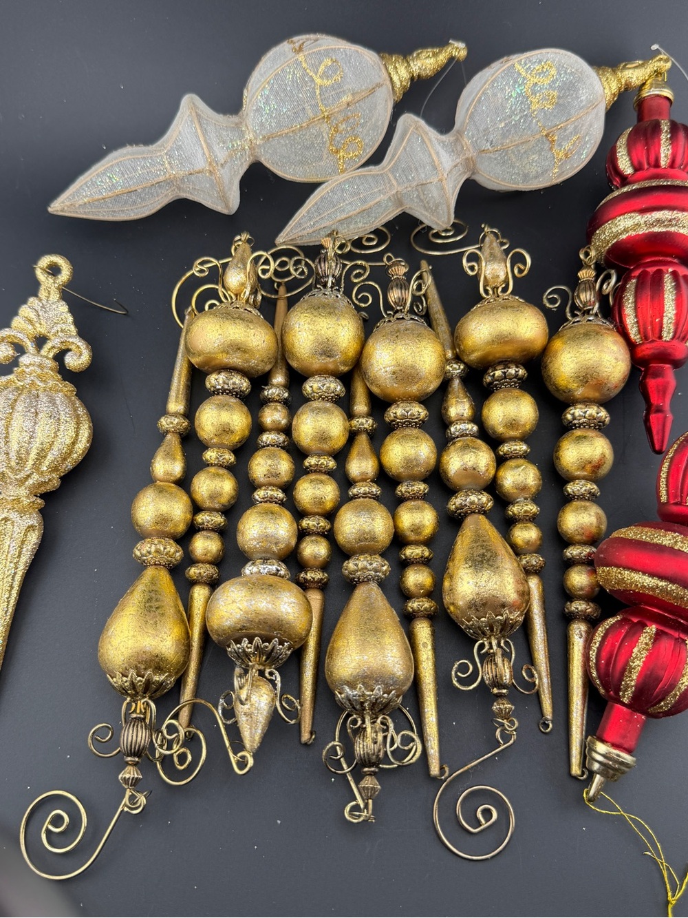 14 Vintage Finial Style Icicle Christmas Ornaments Victorian Style Gold & Red